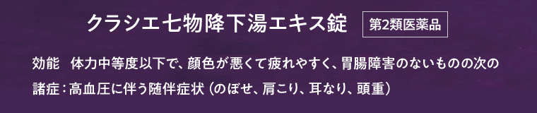 クラシエ七物降下湯エキス錠[第2類医薬品] 効能   体力中等度以下で、顔色が悪くて疲れやすく、胃腸障害のないものの次の諸症：高血圧に伴う随伴症状（のぼせ、肩こり、耳なり、頭重）