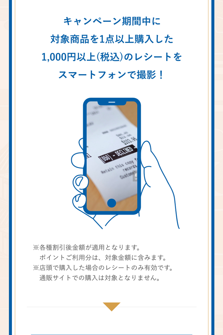 キャンペーン期間中に対象商品を1点以上購入した1,000円以上のレシートをスマートフォンで撮影!