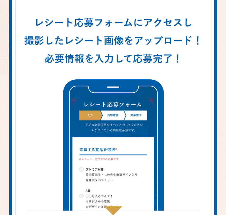 レシート応募フォームにアクセスし撮影したレシート画像をアップロード! 必要情報を入力して応募完了!