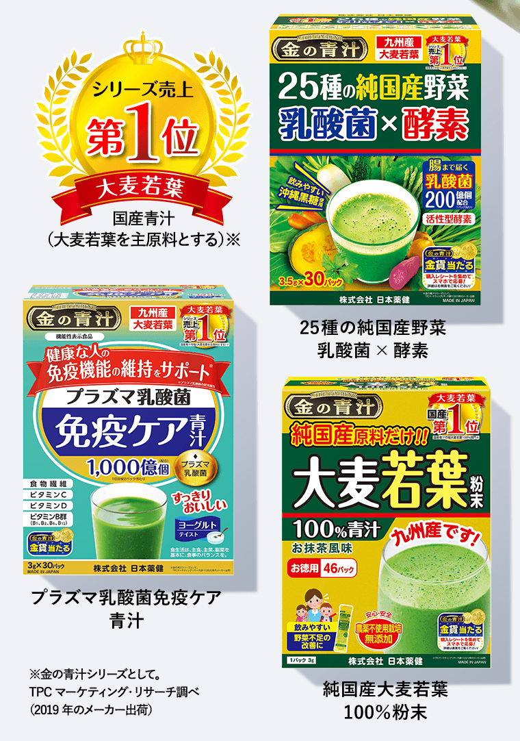 シリーズ売上第1位【大麦若葉】国産青汁（大麦若葉を主原料とする）※金の青汁シリーズとして。TPCマーケティング・リサーチ調べ（2019年のメーカー出荷）
