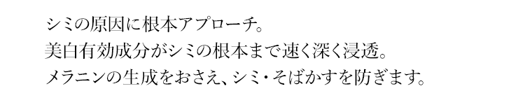 シミの原因に根本アプローチ。美白有効成分がシミの根本まで速く深く浸透。メラニンの生成をおさえ、シミ・そばかすを防ぎます。