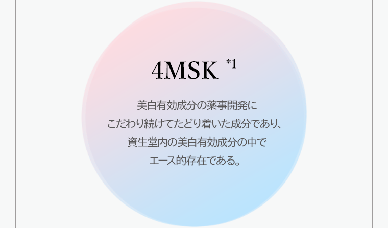 4MSK*1 美白有効成分の薬事開発にこだわり続けてたどり着いた成分であり、資生堂内の美白有効成分の中でエース的存在である。