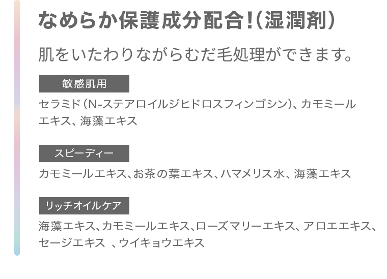 なめらか保護成分配合 肌をいたわりながらむだ毛処理ができます。