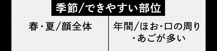 季節/できやすい部位 春夏/顔全体 年間/ほお・口の周り・あごが多い