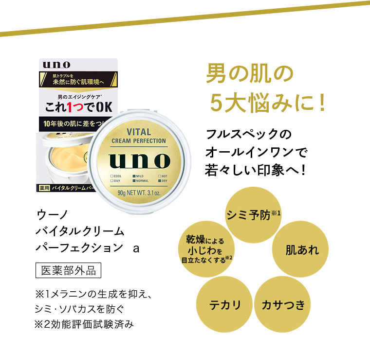男の肌の5大悩みに! フルスペックのオールインワンで若々しい印象へ! ウーノ バイタルクリーム パーフェクション a