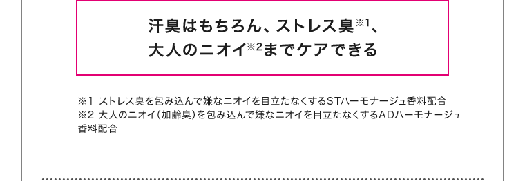 汗臭はもちろん、ストレス臭、大人のニオイまでケアできる