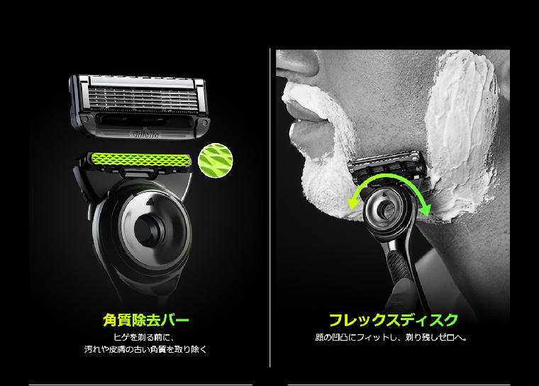 角質除去バー ヒゲを剃る前に、汚れや皮膚の古い角質を取り除くフレックスディスク 顔の凹凸にフィットし、剃り残しゼロへ。