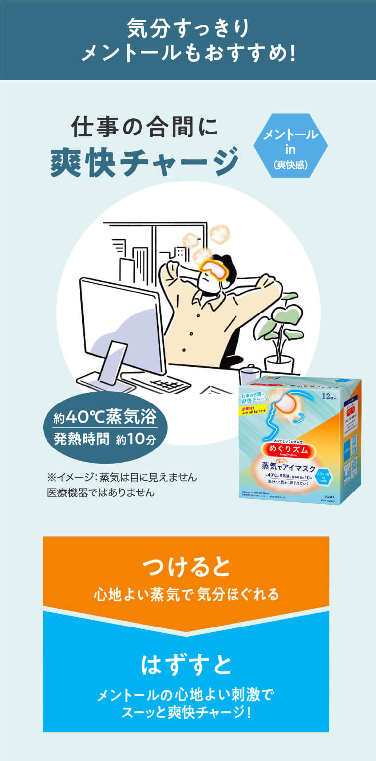 気分すっきりメントールもおすすめ！仕事の合間に爽快チャージ メントールin（爽快感）約40℃蒸気浴 発熱時間　約10分 ※イメージ：蒸気は目に見えません医療機器ではありません つけると心地よい蒸気で気分ほぐれる　はずすとメントールの心地よい刺激でスーッと爽快チャージ！