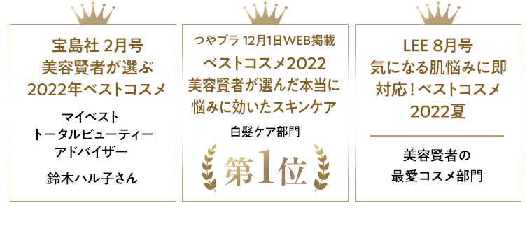 宝島社 2月号	美容賢者が選ぶ2022年ベストコス メマイベスト トータルビューティーアドバイザー 鈴木ハル子さん／つやプラ 12月1日WEB掲載 ベストコスメ2022 美容賢者が選んだ本当に悩みに効いたスキンケア	 白髪ケア部門1位／LEE 8月号 気になる肌悩みに即対応！ベストコスメ2022夏　美容賢者の最愛コスメ部門