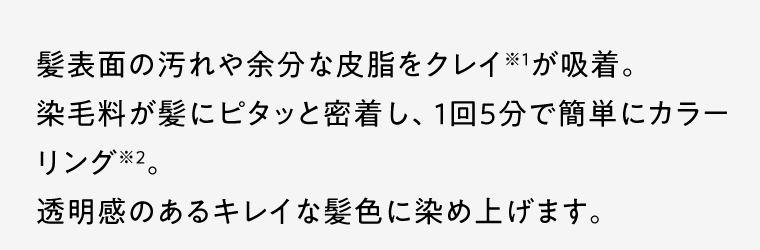 髪表面の汚れや余分な皮脂をクレイ※1が吸着。染毛料が髪にピタッと密着し、1回5分で簡単にカラーリング※2。透明感のあるキレイな髪色に染め上げます。
