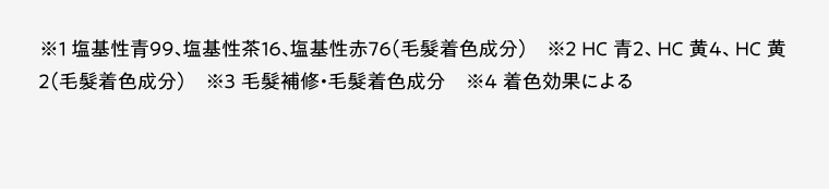 ※1 塩基性青99、塩基性茶16、塩基性赤76（毛髪着色成分）　※2 HC 青2、HC 黄4、HC 黄2（毛髪着色成分）　※3 毛髪補修・毛髪着色成分　※4 着色効果による