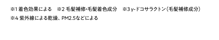 ※1 着色効果による　※2 毛髪補修・毛髪着色成分　※3 γ-ドコサラクトン（毛髪補修成分）　※4 紫外線による乾燥、PM2.5などによる