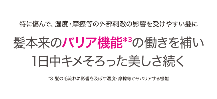 特に傷んで、湿度・摩擦等の外部刺激の影響を受けやすい髪に髪本来のバリア機能の働きを補い1日中キメそろった美しさ続く