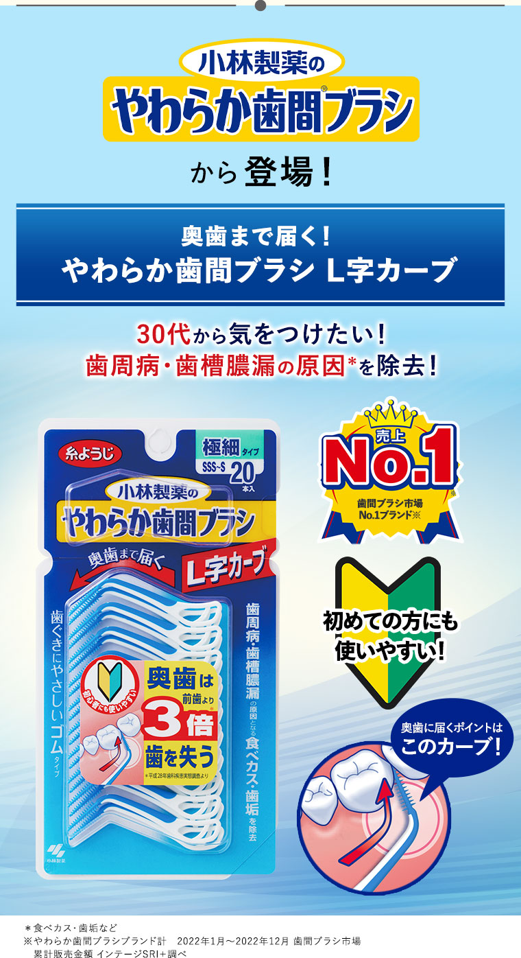 小林製薬のやわらか歯間ブラシから登場！奥歯まで届く！やわらか歯間ブラシL字カーブ