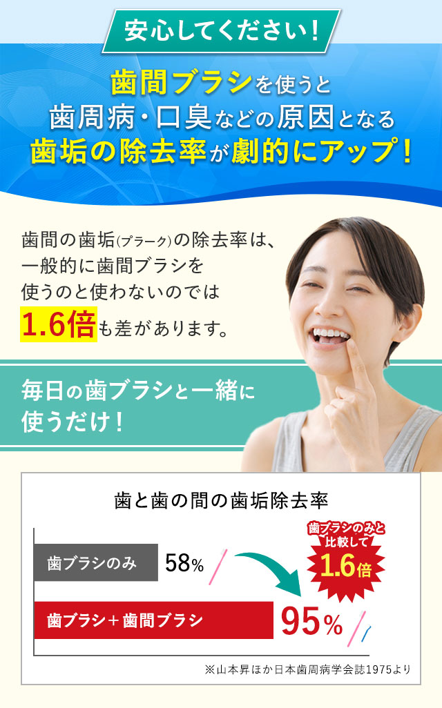 安心してください！歯間ブラシを使うと歯周病・口臭などの原因となる歯垢の除去率が劇的にアップ！