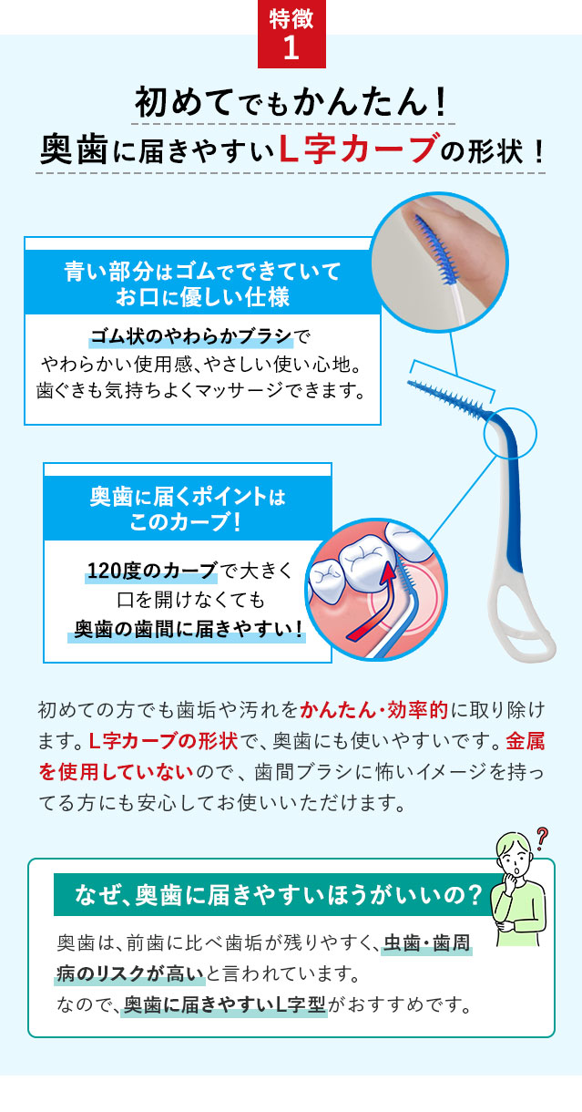 初めてでもかんたん！奥歯に届きやすいL字カーブの形状！