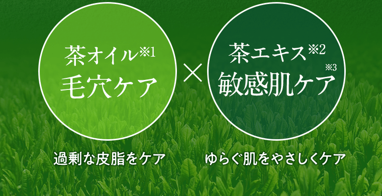 【茶オイル(※1)毛穴ケア】過剰な皮脂をケア(※2)×【茶エキス(※3)敏感肌ケア※4】ゆらぐ肌をやさしくケア
