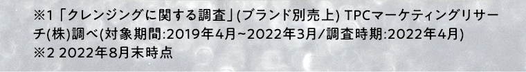 ※1 「クレンジングに関する調査」(ブランド別売上) TPCマーケティングリサーチ(株)調べ(対象期間:2019年4⽉〜2022年3⽉/調査時期:2022年4⽉) ※2 2022年8月末時点