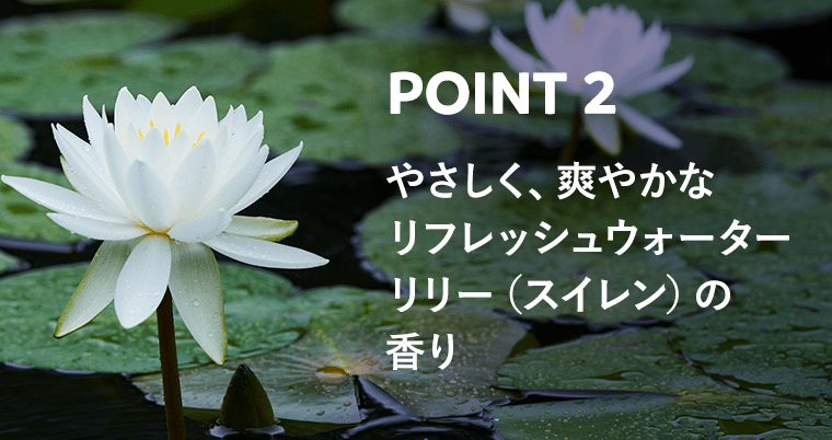 POINT2　やさしく、爽やかなリフレッシュウォーターリリー（スイレン）の香り