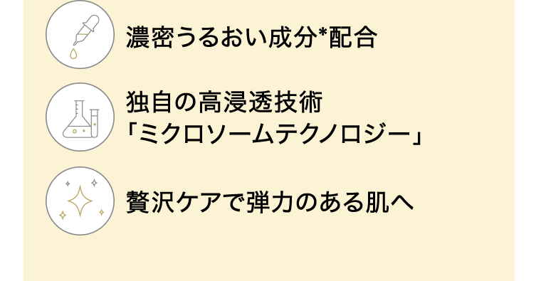 濃密うるおい成分＊配合　独自の高浸透技術「ミクロソームテクノロジー」　贅沢ケアで弾力のある肌へ