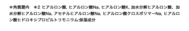 ＊角質層内　＊2 ヒアルロン酸, ヒアルロン酸Na, ヒアルロン酸K, 加水分解ヒアルロン酸、加水分解ヒアルロン酸Na, アセチルヒアルロン酸Na, ヒアルロン酸クロスポリマーNa, ヒアルロン酸ヒドロキシプロピルトリモニウム:保湿成分