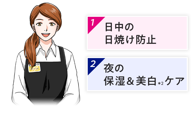 1、日中の日焼け防止 2、夜の保湿&美白＊2ケア