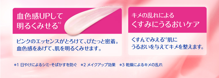 血色感UPして明るくみせる*2 ピンクのエッセンスがとろけて、ぴたっと密着。血色感をあげて、肌を明るくみせます。 キメの乱れによるくすみにうるおいケア くすんでみえる*3肌にうるおいを与えてキメを整えます。※1 日やけによるシミ・そばかすを防ぐ ※2 メイクアップ効果 ※3 乾燥によるキメの乱れ