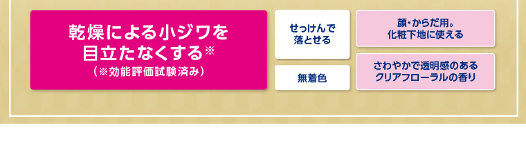 乾燥による小ジワを目立たなくする※効能評価試験済み せっけんで落とせる 無着色 顔・からだ用。化粧下地に使える さわやかで透明感のあるクリアフローラルの香り