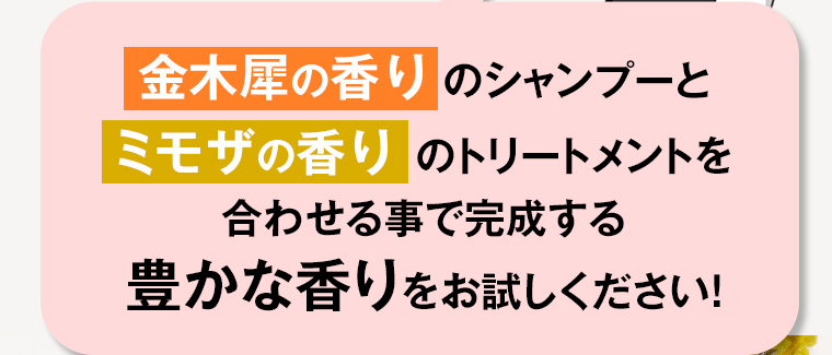 金木犀の香りのシャンプーとミモザの香りのトリートメントを合わせる事で完成する豊かな香りをお試しください!