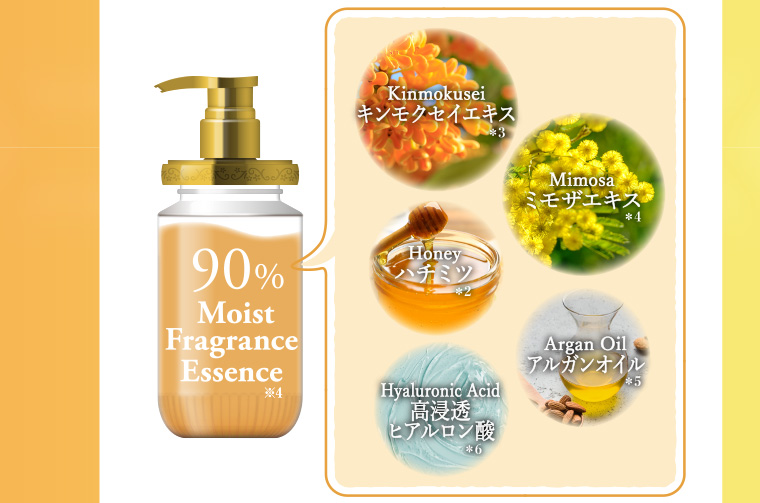 90% Moist Fragrance Essence※4 キンモクセイエキス※3 ミモザエキス※4 ハチミツ※2 アルガンオイル※5 高浸透ヒアルロン酸※6