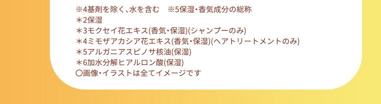 ※4基剤を除く、水を含む ※5保湿・香気成分の総称 *2保湿 *3モクセイ花エキス(香気・保湿) (シャンプーのみ) *4ミモザアカシア花エキス(香気・保湿) (ヘアトリートメントのみ) *5アルガニアスピノサ核油(保湿) *6加水分解ヒアルロン酸(保湿) 〇画像・イラストは全てイメージです