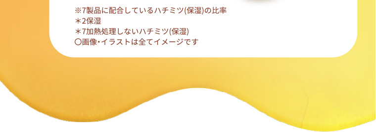 ※7 製品に配合しているハチミツ(保湿)の比率 *2保湿 *7加熱処理しないハチミツ(保湿) 〇画像・イラストは全てイメージです