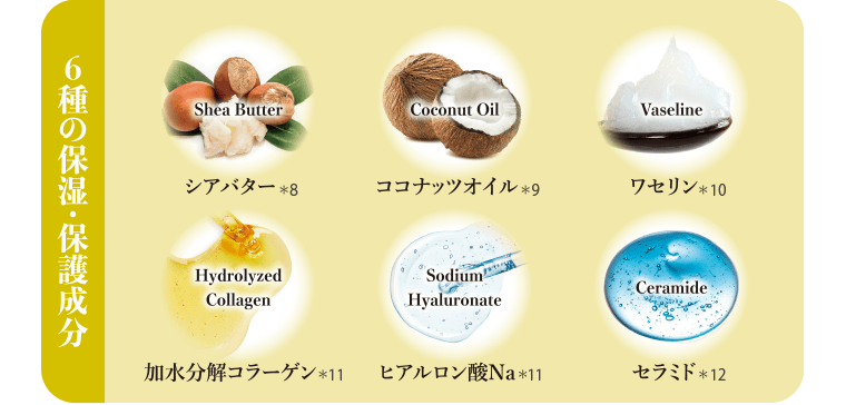 【6種の保湿・保護成分】シアバター＊8　ココナッツオイル＊9　ワセリン＊10　加水分解コラーゲン＊11　セラミド＊12