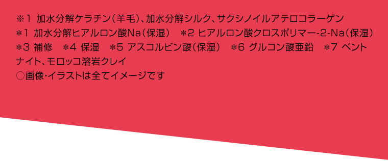 ※1 加水分解ケラチン（羊毛）、加水分解シルク、サクシノイルアテロコラーゲン　＊1 加水分解ヒアルロン酸Na（保湿）　＊2 ヒアルロン酸クロスポリマー-2-Na（保湿）＊3 補修　＊4 保湿　＊5 アスコルビン酸（保湿）　＊6 グルコン酸亜鉛　＊7 ベントナイト、モロッコ溶岩クレイ　○画像・イラストは全てイメージです 