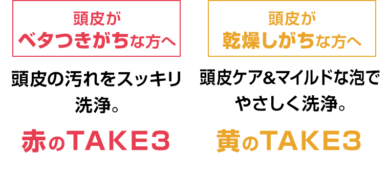 [頭皮がベタつきがちな方へ]頭皮の汚れをスッキリ洗浄。赤のTAKE3／[頭皮が乾燥しがちな方へ]頭皮ケア&マイルドな泡でやさしく洗浄。黄のTAKE3