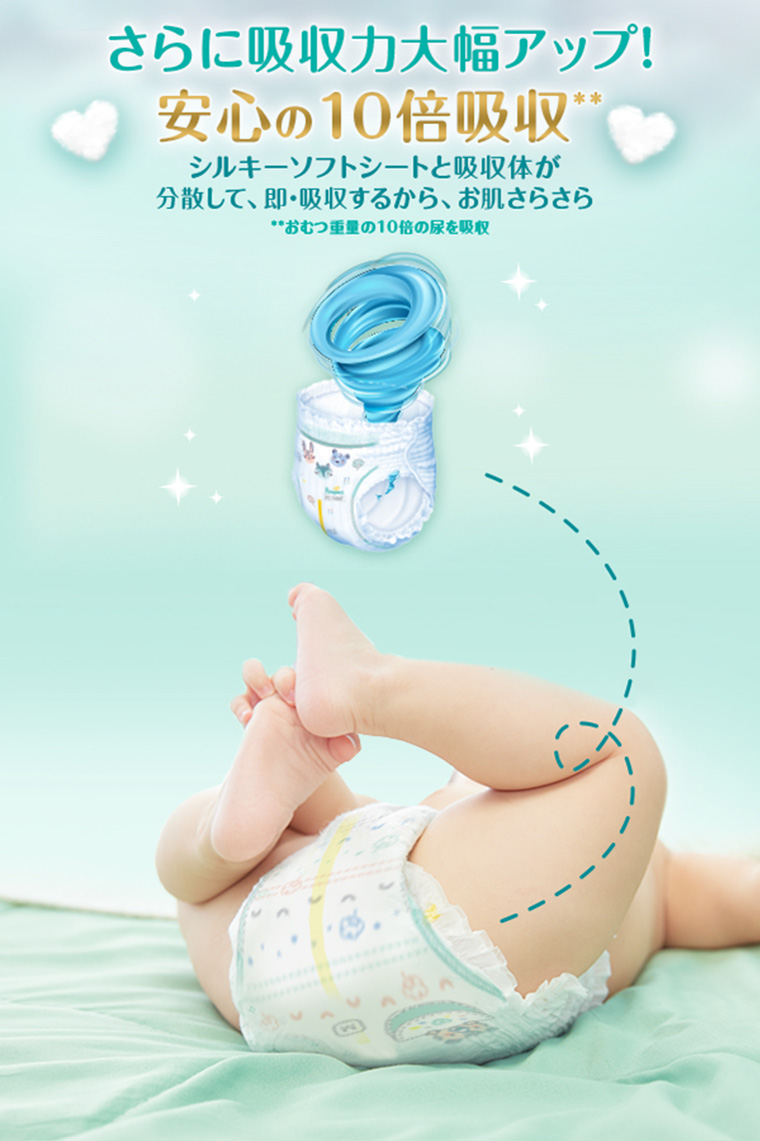 さらに吸収力大幅アップ! 安心の10倍吸収 シルキーソフトシートと吸収体が分散して、即吸収するから、お肌さらさら