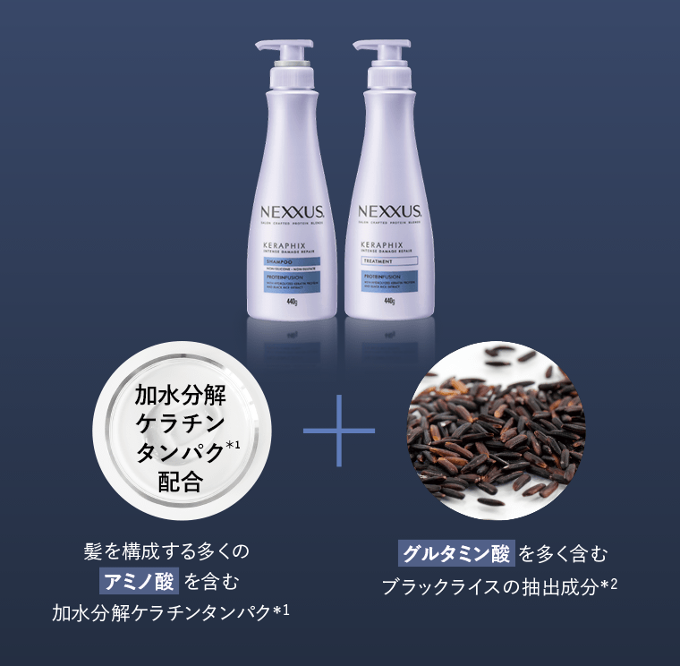 髪を構成する多くのアミノ酸を含む加水分解ケラチンタンパク質(*1) ＋ グルタミン酸を多く含むブラックライスの抽出成分(*2)