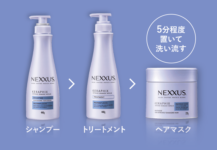 シャンプー→トリートメント→ヘアマスク　5分程度置いて洗い流す