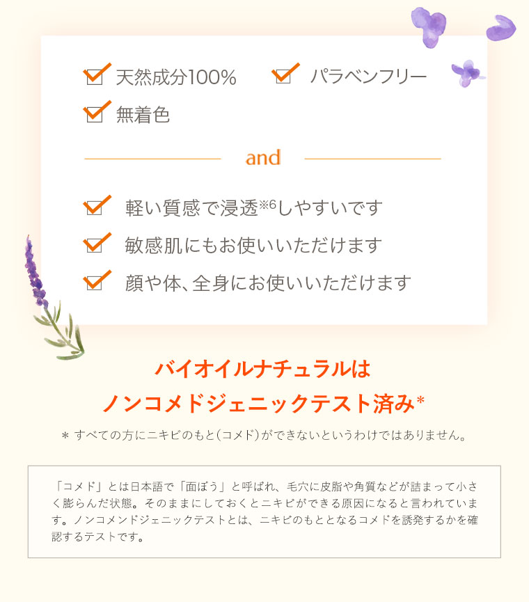 バイオイルナチュラルはノンコメドジェニックテスト済み