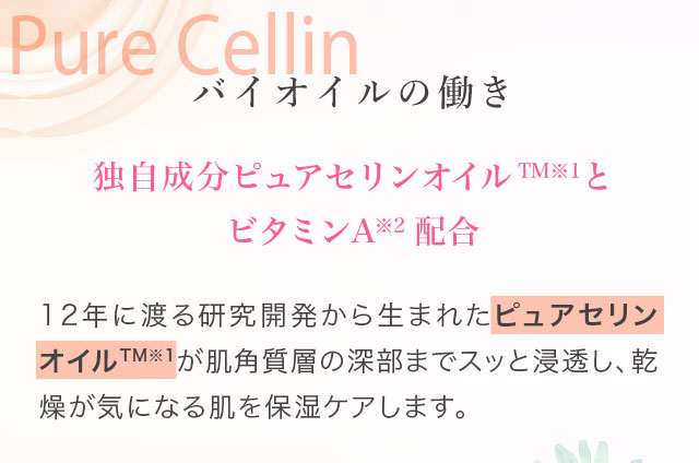 バイオイルの働き　独自成分ピュアセリンオイルとビタミンA配合