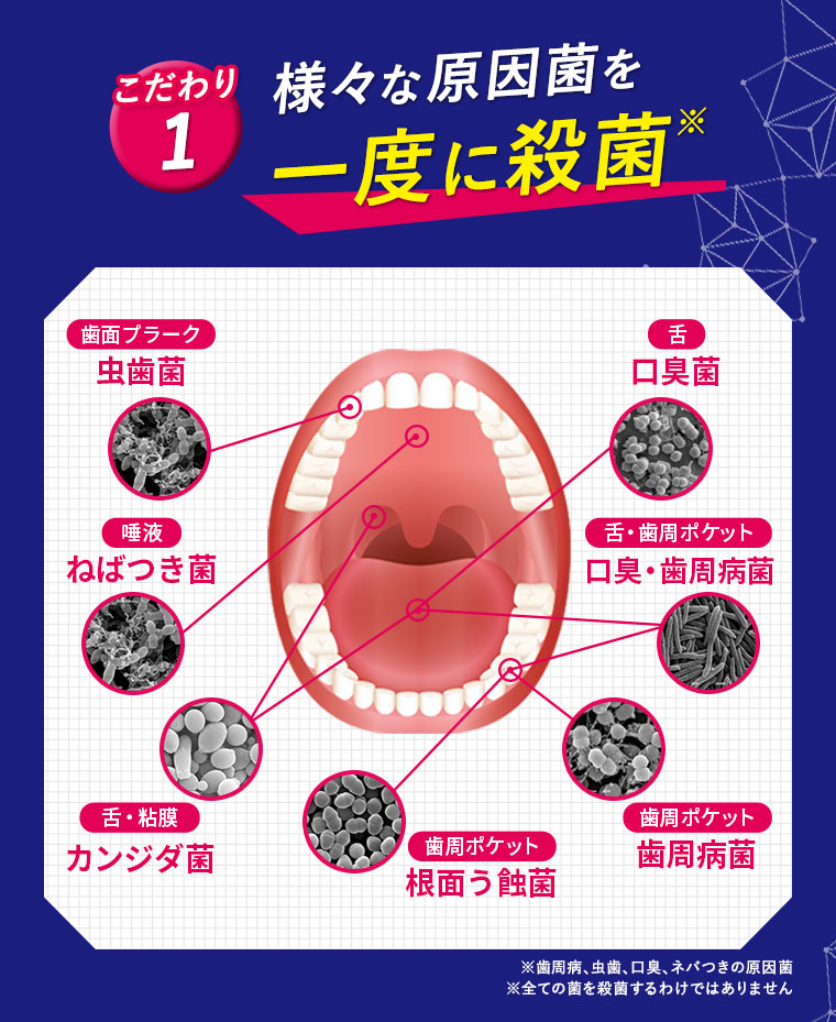 こだわり1　様々な原因菌を一度に殺菌