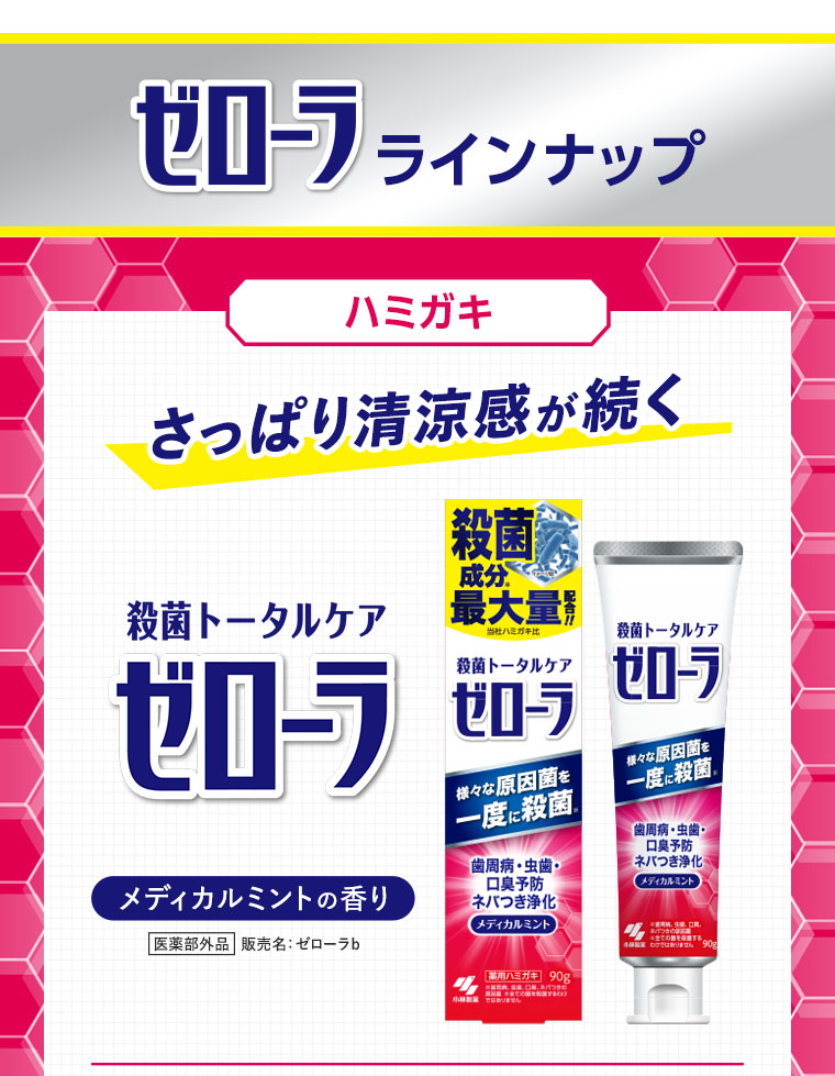 ゼローララインナップ　ハミガキ　さっぱり清涼感が続く　ゼローラ　メディカルミントの香り