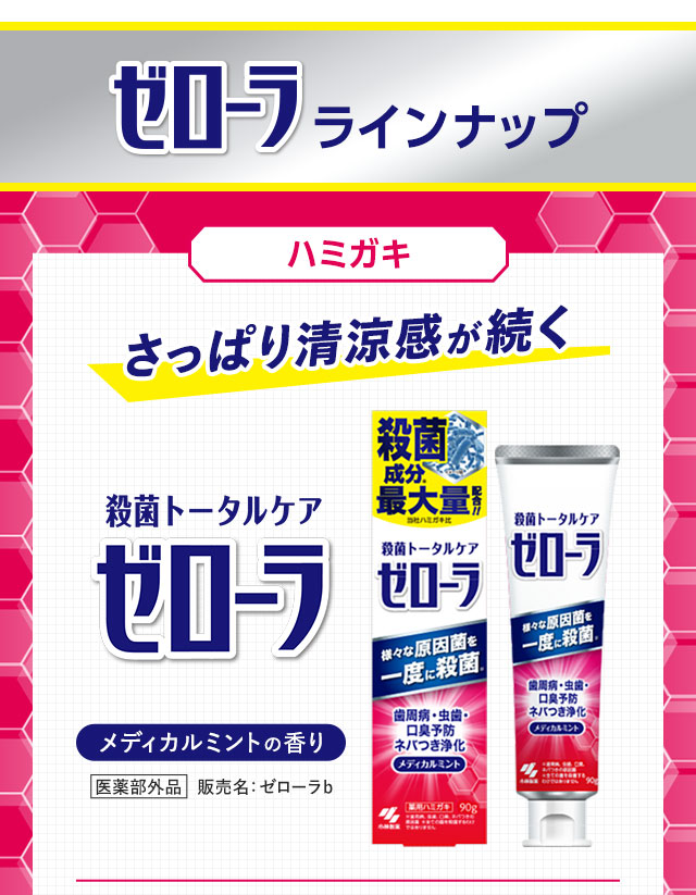 ゼローララインナップ　ハミガキ　さっぱり清涼感が続く　ゼローラ　メディカルミントの香り
