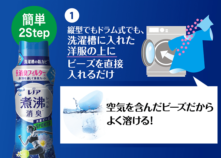 簡単2Step　①縦型でもドラム式でも、洗濯槽に入れた洋服の上にビーズを直接入れるだけ　空気を含んだビーズだからよく溶ける！