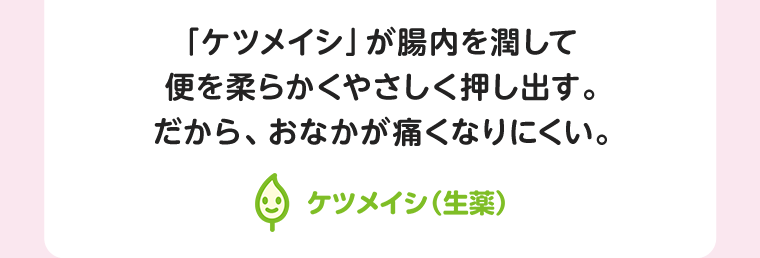 「ケツメイシ」が腸内を潤して便を柔らかくやさしく押し出す。だから、おなかが痛くなりにくい。　ケツメイシ（生薬）