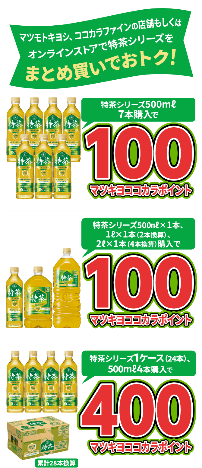 マツモトキヨシ、ココカラファインの店舗もしくはオンラインストアで特茶シリーズをまとめ買いでおトク！特茶シリーズ500mℓ7本購入で100マツキヨココカラポイント 特茶シリーズ500㎖×1本、1ℓ×1本（2本換算）、2ℓ×1本（4本換算）購入で100マツキヨココカラポイント 特茶シリーズ1ケース（24本）、500mℓ4本購入で400マツキヨココカラポイント