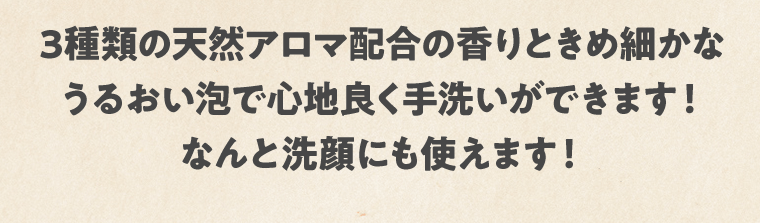 3種類の天然アロマ配合の香りときめ細かなうるおい泡で心地良く手洗いができます！なんと洗顔にも使えます！