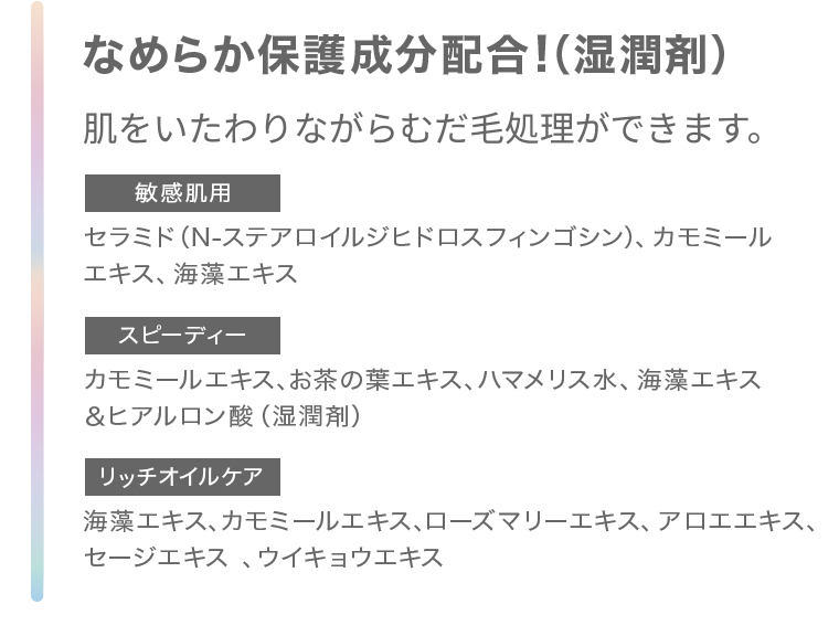 なめらか保護成分配合 肌をいたわりながらむだ毛処理ができます。