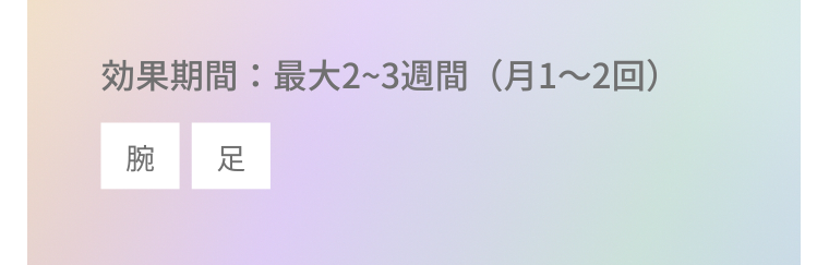 効果期間 : 最大2~3週間 (月1~2回) 腕 足