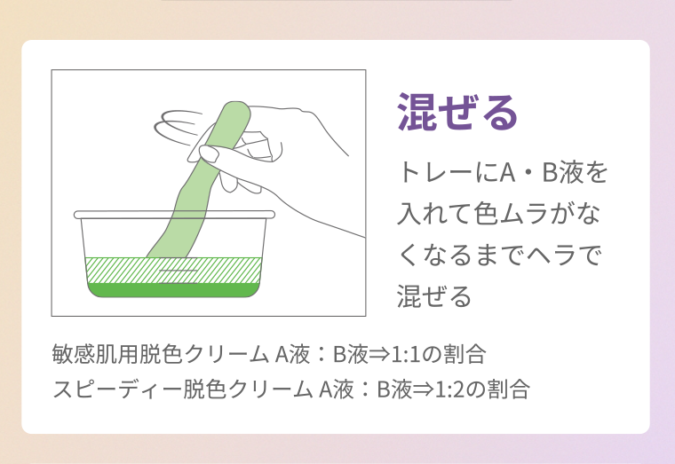 混ぜる トレーにA・B液を入れて色ムラがなくなるまでヘラで混ぜる